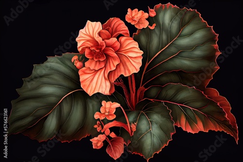 Begonia Flower Botanical Illustration, Pot Flowers Realistic Painting, Abstract Generative AI Illustration photo