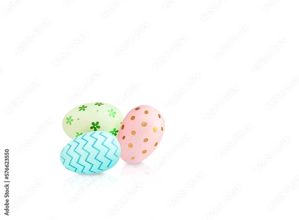 Three Easter eggs with a zigzag pattern on a white background with reflection