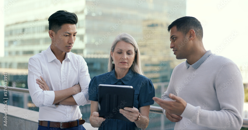 Fototapeta premium Business people diversity, tablet or office balcony in digital marketing research, strategy planning or calendar management. Mature ceo, talking manager or internship training schedule on technology