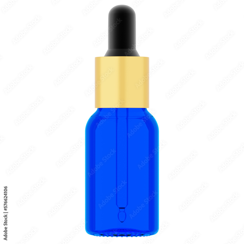 Blue glass essential oil bottle (15ml) with Metal Cap & Dropper 3D Rendering High-Resolution Transparent Background