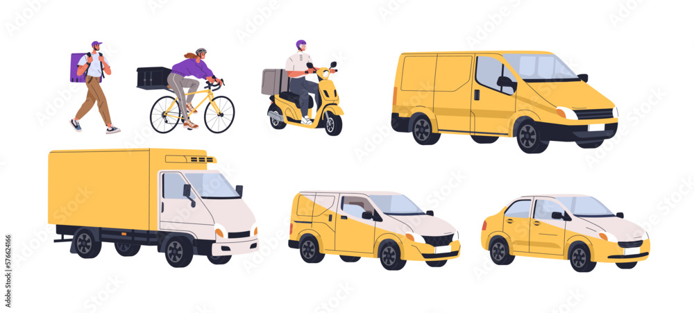 Naklejka premium Delivery service transport types set. Walking courier, delivering on bicycle, scooter, bike, car, van, lorry, different vehicles. Flat graphic vector illustrations isolated on white background