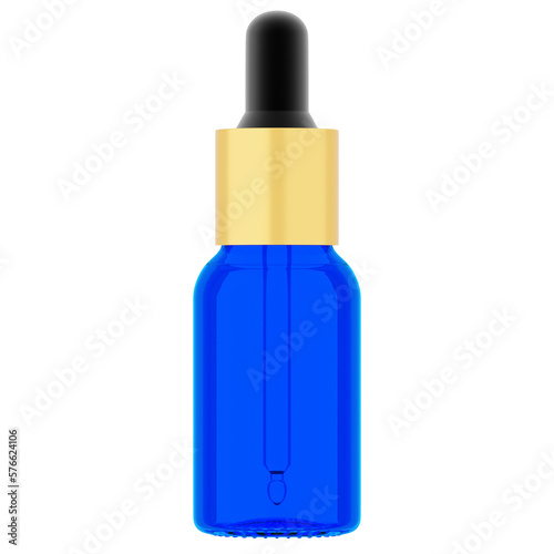 Blue glass essential oil bottle (15ml) with Metal Cap & Dropper 3D Rendering High-Resolution Transparent Background