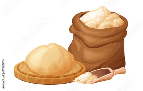 Wooden rolling pin with fresh raw dough for bakind. Cartoon homemade tasty bread. Flour in bowl or bag, organic product. Vector illustration isolated on white background