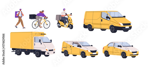 Delivery service transport types set. Walking courier, delivering on bicycle, scooter, bike, car, van, lorry, different vehicles. Flat graphic vector illustrations isolated on white background photo