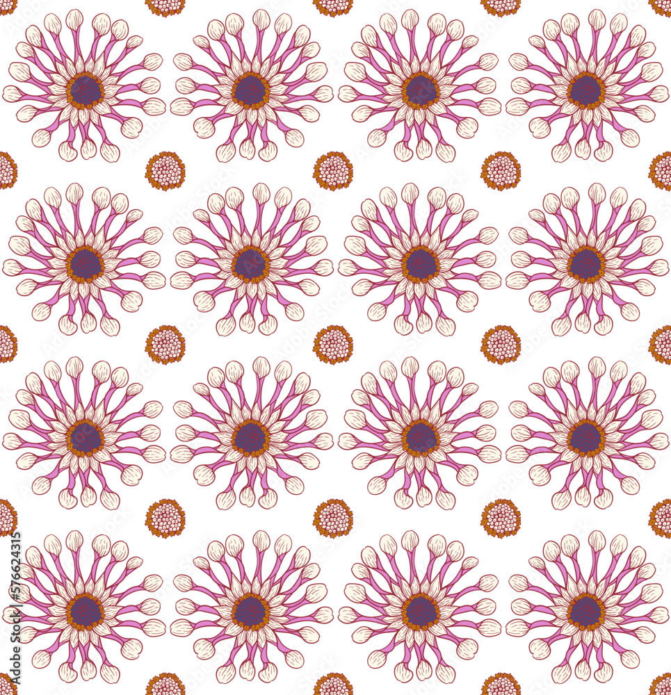 Flowers seamless pattern. Vector line drawing or engraving illustration. Textile composition, hand drawn style print.