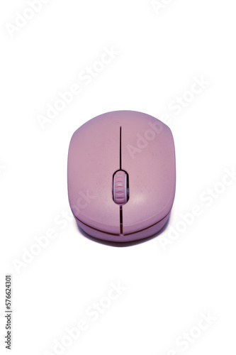 Purple wireless computer mouse isolated on white background. Computer hardware. Front view.