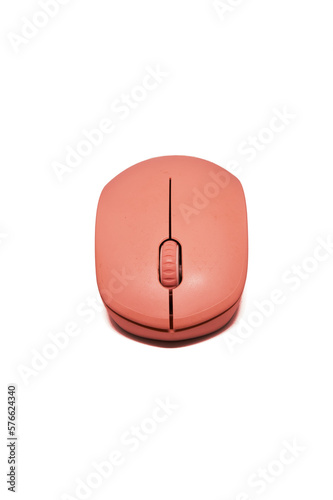 Orange wireless computer mouse isolated on white background. Computer hardware. Front view.