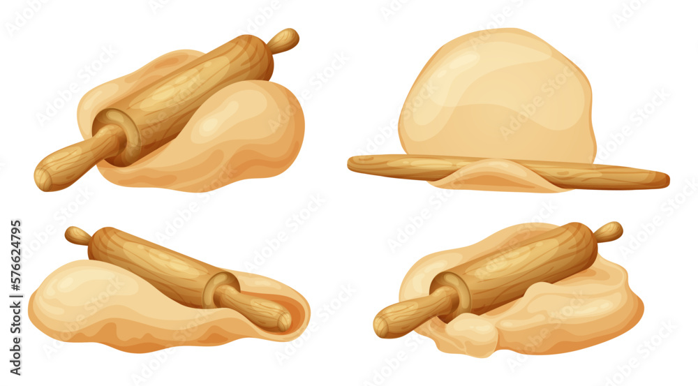 Wooden rolling pin with fresh raw dough for bakind. Cartoon homemade tasty bread. Flour in bowl or bag, organic product. Vector illustration isolated on white background Wooden rolling pin with fresh raw dough for bakind. Cartoon homemade tasty bread. Flour in bowl or bag, organic product. Vector illustration isolated on white background