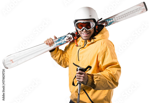 Handsome young man wearing skiing suit on white