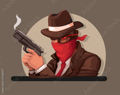 Mafia wear mask and holding gun character mascot cartoon illustration vector