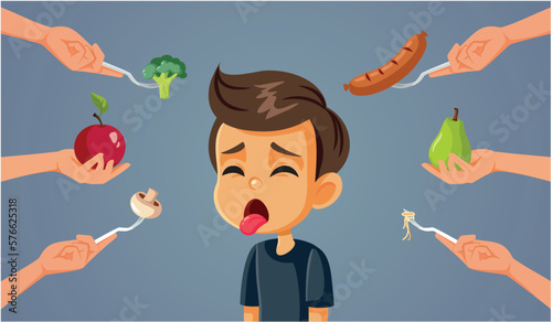 Picky Eater Feeling Sick Refusing All Foods Vector Cartoon. squeamish child feeling disgusted by meal options rejecting everything 
 photo