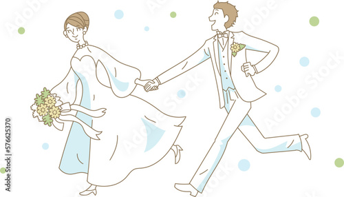 手をつないで走り出す結婚式のカップル
