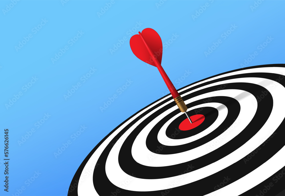 Red dart hit to center of tilt angle dartboard with blue gradient background. Arrow on bullseye in target. Business success, invest goal, opportunity challenge, strategy, achievement focus concept. Red dart hit to center of tilt angle dartboard with blue gradient background. Arrow on bullseye in target. Business success, invest goal, opportunity challenge, strategy, achievement focus concept.