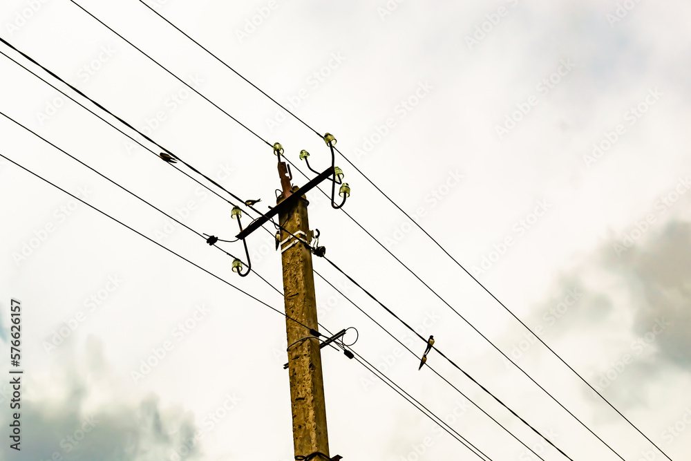 Power electric pole with line wire on colored background close up Power electric pole with line wire on colored background close up