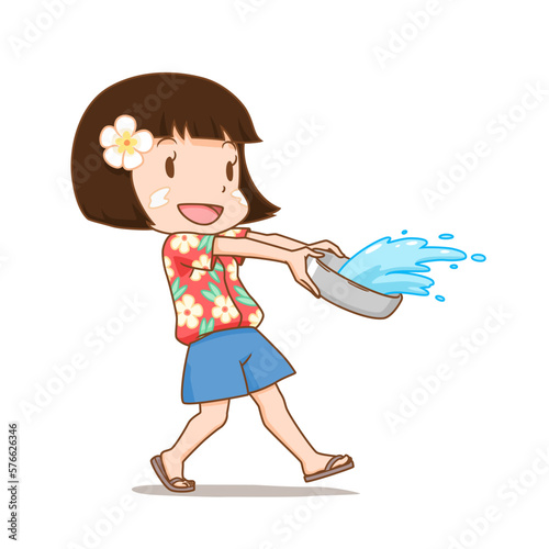 Cute girl splashing water with water bowl in Songkran festival.