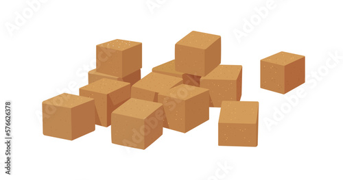 Brown cane refined sugar pieces, cube blocks. Stacked lumps, sweet ingredient pile, heap. Flat cartoon vector illustration isolated on white background