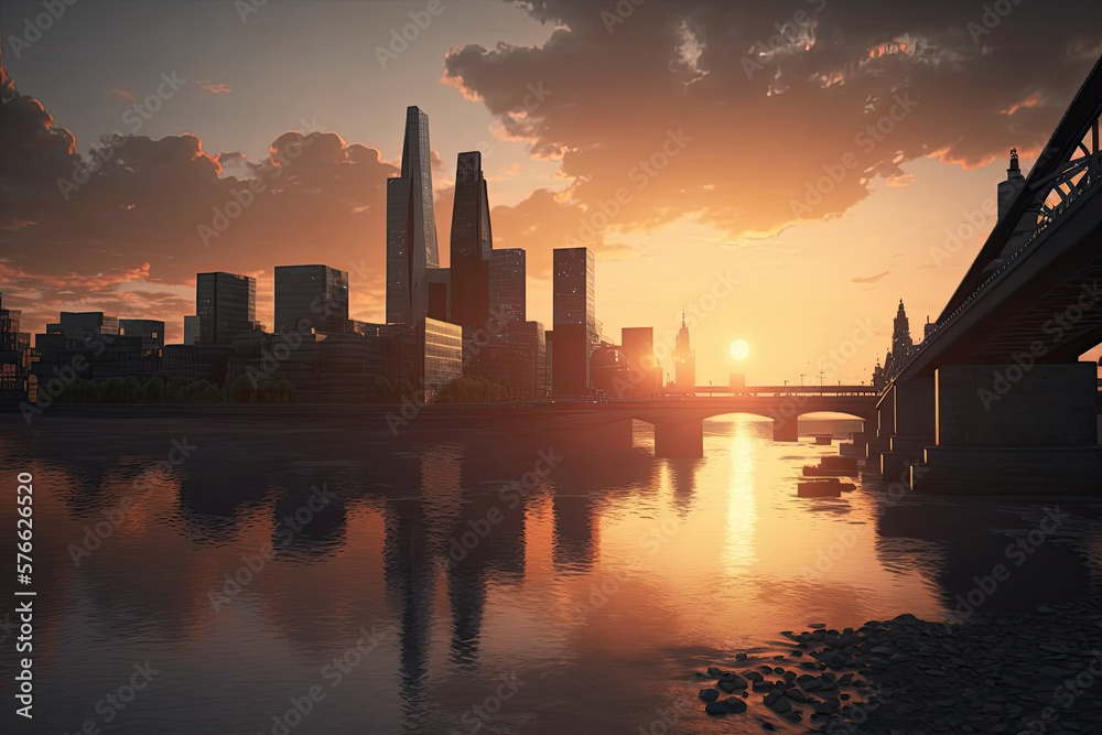 London skyline at sunset. Generative AI London skyline at sunset. Generative AI