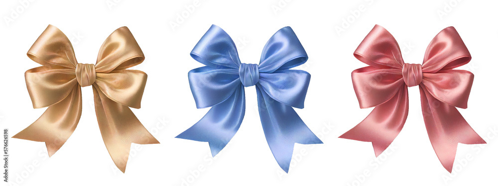 Set of Beautiful ribbon Bows. Gold, Red and Blue colors Generative AI.