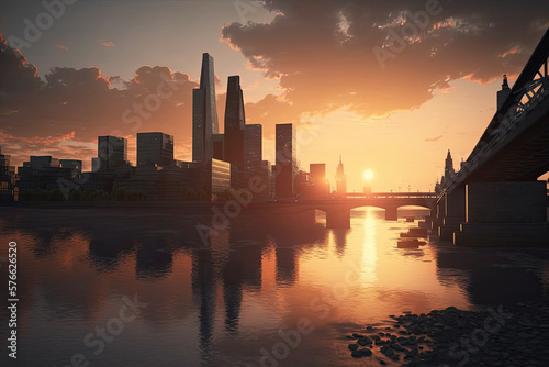 London skyline at sunset. Generative AI