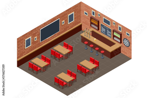Beer bar counter. Interior of pub or bar. Bar counter, chairs and shelves with alcohol bottles. Bar counter and wooden tables inside the historical brewery