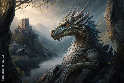 Guardian of an Ancient Landscape - A Captivating Dragon Illustration Generative AI