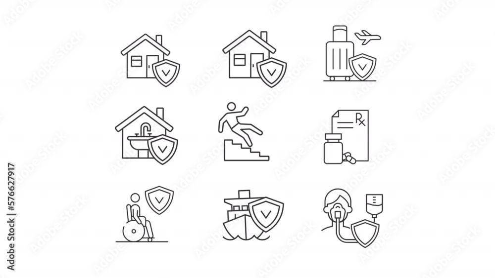 Animated guarantees linear icons. Property and health insurance. Buy coverage. Seamless loop HD video with alpha channel on transparent background. Outline motion graphic animation Animated guarantees linear icons. Property and health insurance. Buy coverage. Seamless loop HD video with alpha channel on transparent background. Outline motion graphic animation