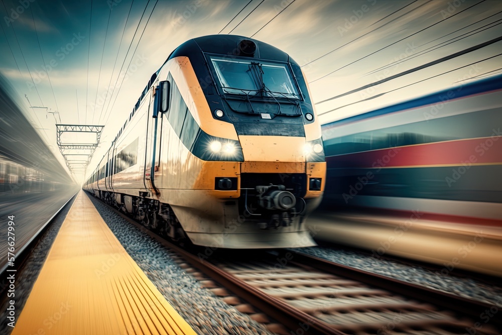 A blurred image of a train station with a fast commuter train and its ...