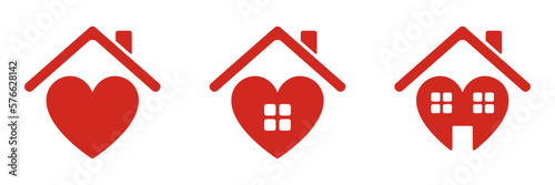Set of house icons with heart. Vector illustration.