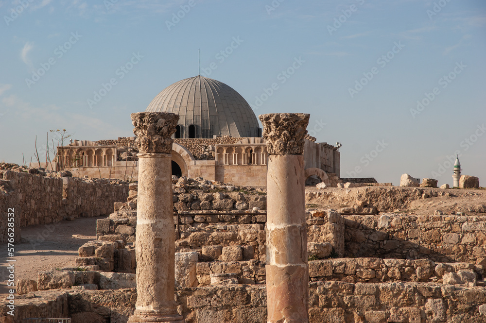Ancient Philadelphia or present-day Amman is capital of Jordan. Citadel of Amman. Ruins of Umayyad palace Dennis or Jarvis. 
