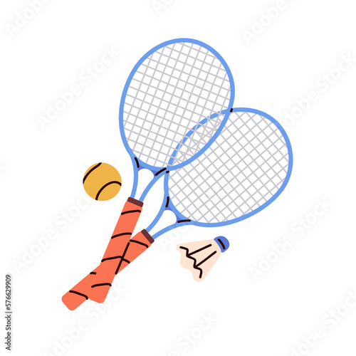 Tennis rackets, ball, badminton shuttlecock. Crossed racquets, sport game equipment, supplies for playing tenis. Flat graphic vector illustration isolated on white background