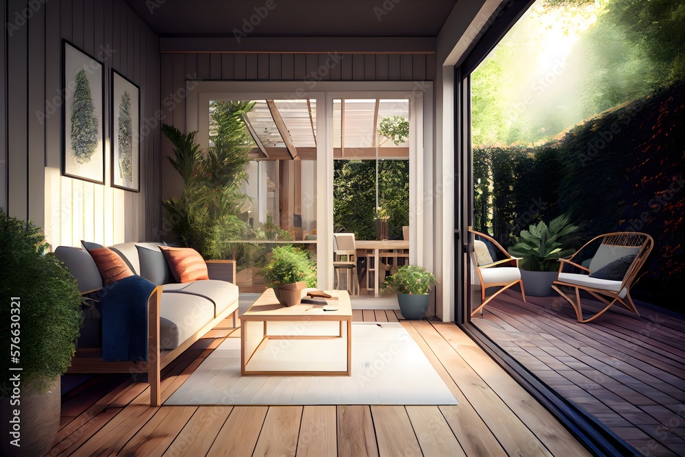 Obraz premium 庭の家具、generative AI、サマー テラスのデザイン、木製のテーブルの外と豪華な庭の外観を備えた居心地の良いパティオ エリアの現代的なインテリア