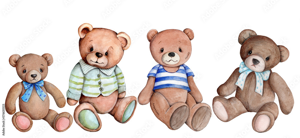 Obraz premium Watecolor illustration of cute pretty teddy bear, toy plush bear, cartoon animal. Isolated. Hand painted.