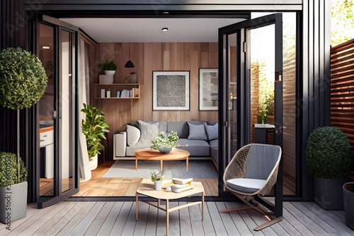 the contemporary interior of Cozy patio area with garden furniture, generative ai, summer terrace design, outside wooden table and luxury yard exterior