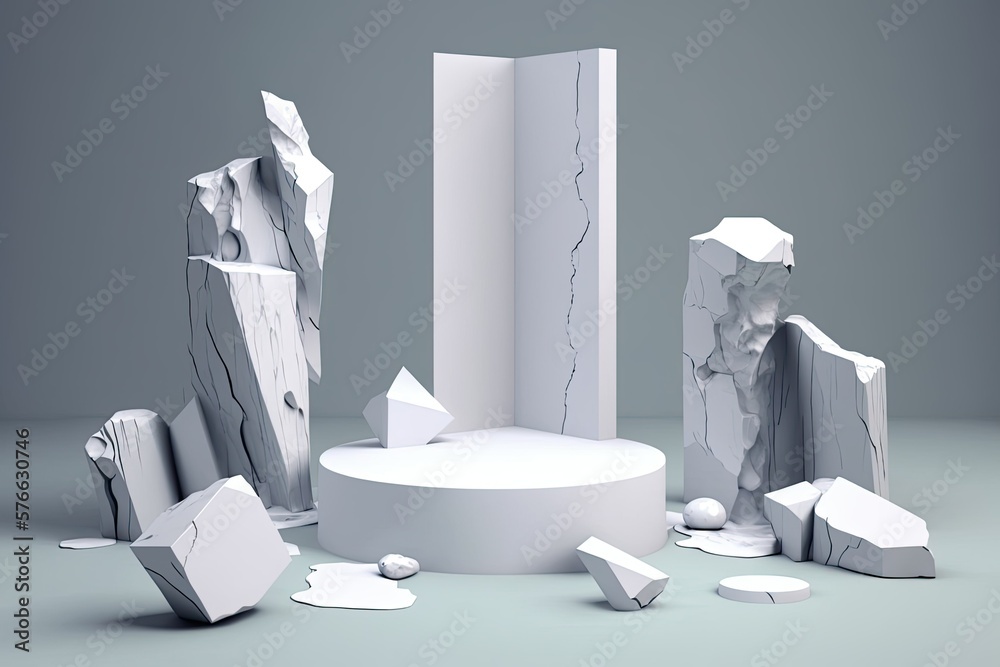 Broken and blank rock pedestal stage stand on plaster concrete pedestal backdrop with natural marble show scene white stone plate cosmetic podium background or abstract empty product display floor pla - obrazy, fototapety, plakaty 