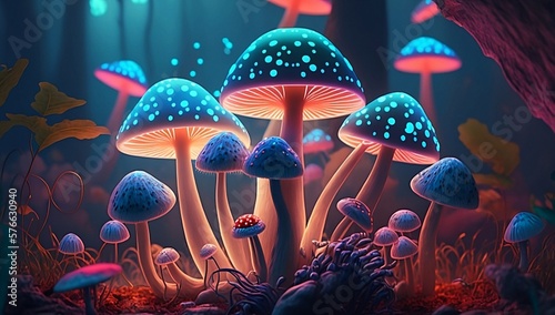 Magic mushrooms in a fairy forest. Generative AI illustration.