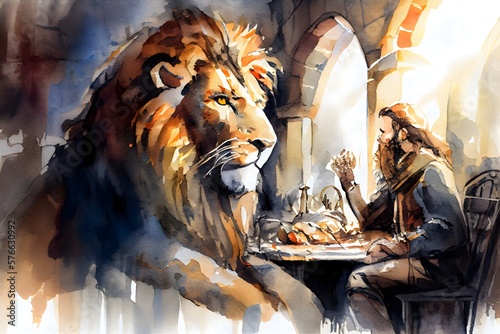 Daniel and the Lions, watercolor art, generative ai