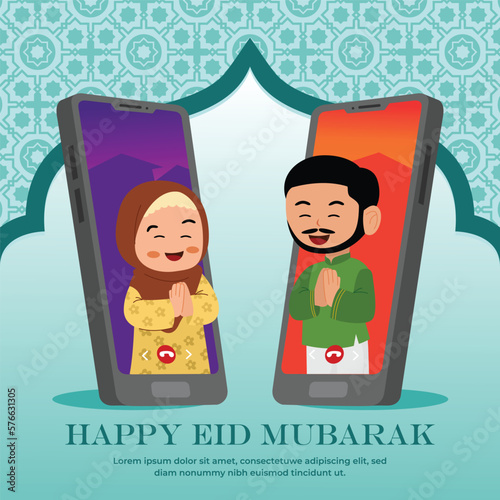 Canvas Print Illustration of apologizing to each other via video call in eid mubarak