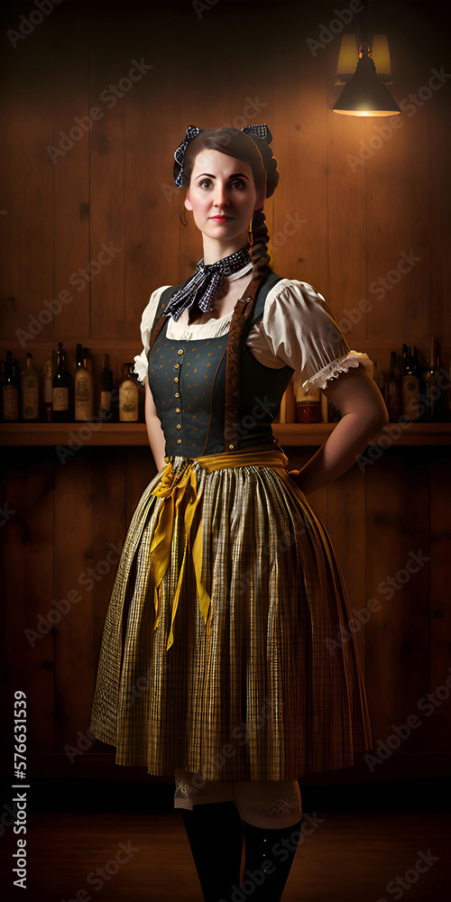 photogenic portrait of beautiful girl and the traditional dirndl. detailed fabric, the backdrop of the yellow walls provides a vibrant backdrop. national dress day. Ai