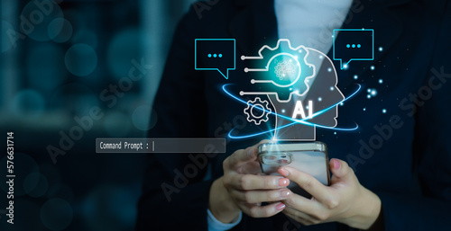 Businessman using technology smart robot AI, ChatGPT Chat concept AI, Artificial Intelligence. enter command prompt, contact for business information, Futuristic technology transformation.