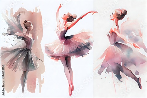 Watercolor isolated dancing ballerinas. Hand-drawn classic ballet performance. generative ai, Painting set of young women in pink dress. 