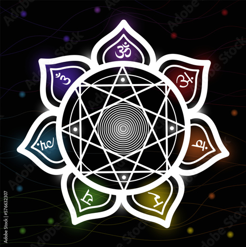 Chakra mandala with sanskrit symbols. Flower of life with seven chakras on black background. Sacred geometry vector illustration for yoga healing meditation.
