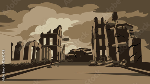 city ​​ruins after war, broken