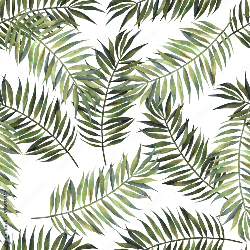 Fototapeta Exotic leaves, rainforest. Seamless, hand painted, watercolor pattern. watercolor background.