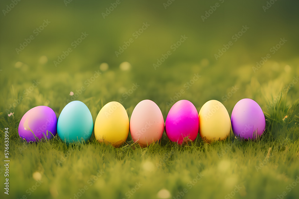 Easter eggs on grass. Generative AI. Easter eggs on grass. Generative AI.