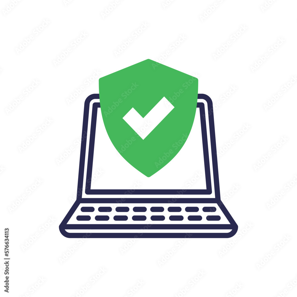 Protection enabled thin line icon. Shield with check mark on laptop screen. Modern vector illustration. Protection enabled thin line icon. Shield with check mark on laptop screen. Modern vector illustration.