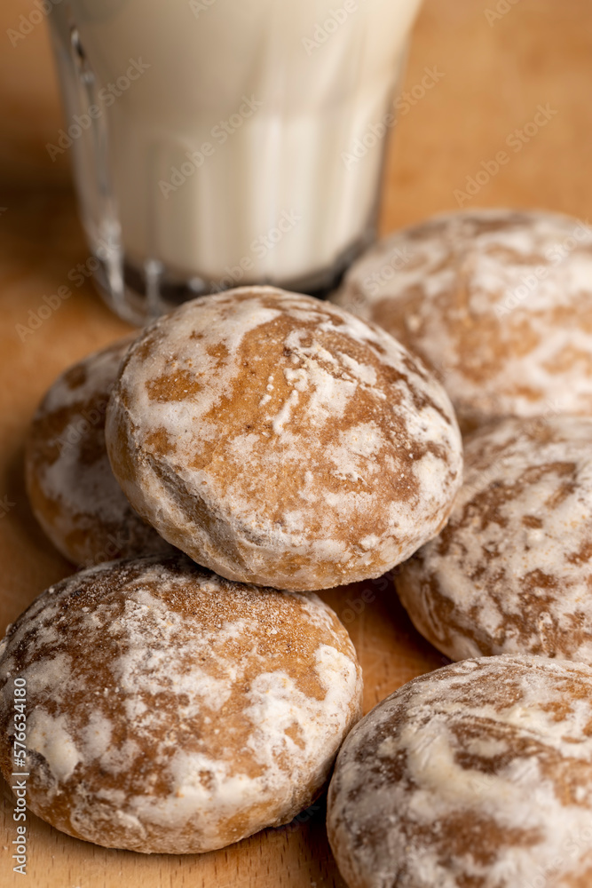 Powdered sugar gingerbread on the table Powdered sugar gingerbread on the table