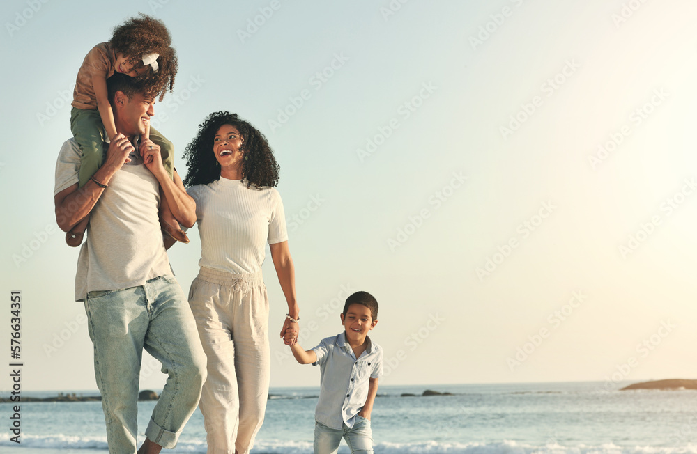 © Allistair F/peopleimages.com - Happy, summer and walking family on the beach for travel, bonding and quality time in Brazil. Mockup, together and parents with children on a walk by the ocean for playing, vacation and break