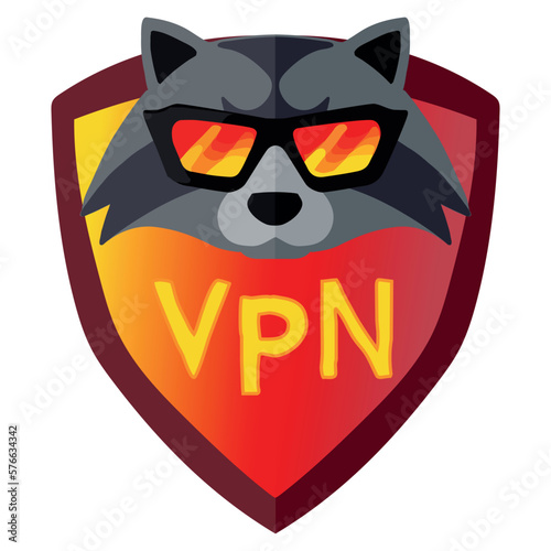 Yellow-red flat VPN icon with a raccoon head in sunglasses on a shield on white bakground. Proxy server. Vector illustration. Virtual Private Network icon. Internet Security VPN Concept Icon