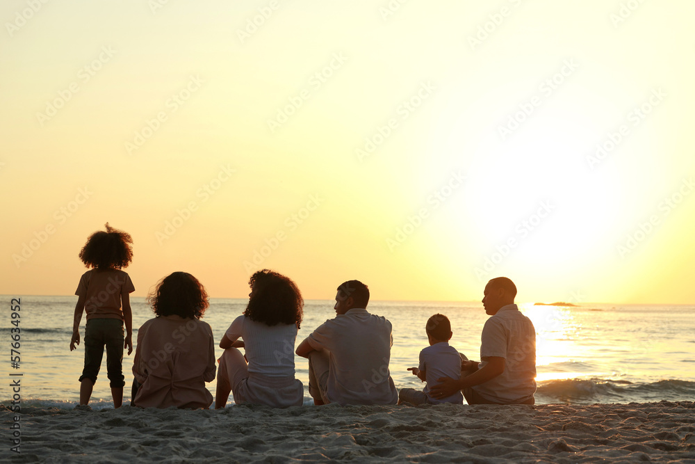 Relax, sunset and travel with big family on beach for vacation, support and happiness. Bonding, summer break and holiday trip with parents and children at coast for care, generations or nature mockup