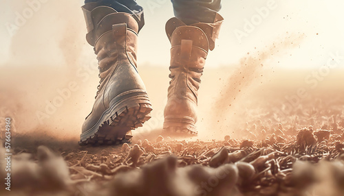 Fotografiet close-up of a farmer's feet in rubber boots in field plants, Generative AI